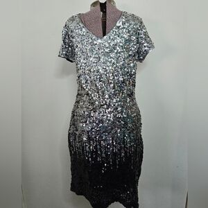 Maner Sequin Glitter Short Sleeve Dress V Neck Mini Party Club Bodycon Size XL